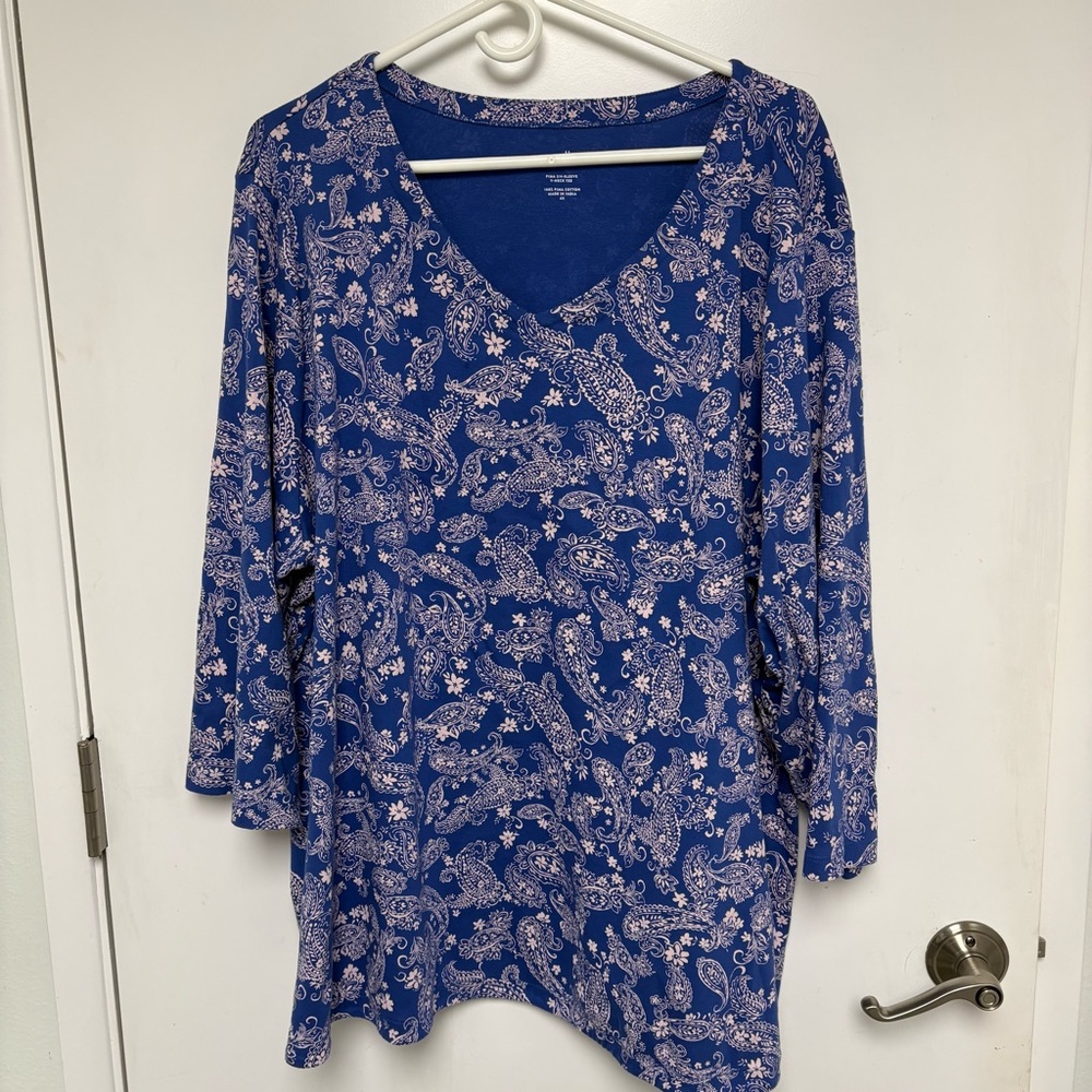 J. Jill Women's Blue Paisley Pima Cotton 3/4 Sleeve V-Neck Size 4X